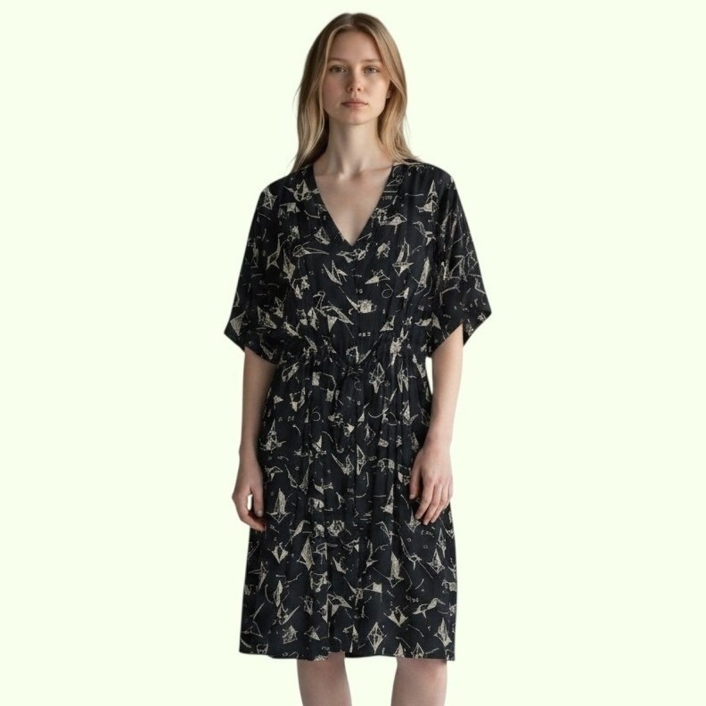 Moulinette Soeurs Silk Origami Bird Dress 4 Black V-Neck Tie Waist Whimsical Art